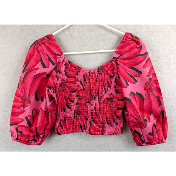HT 360 Collective sz XS Cropped Smocked puff Sleeve Blouse pinks bananas 1651 - Picture 1 of 4